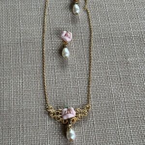1928 Gold Necklace and earring set with Pink Rose Accents